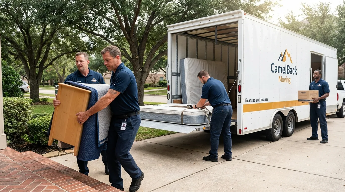Crew loading residential truck for cross-state move from Inola, OK