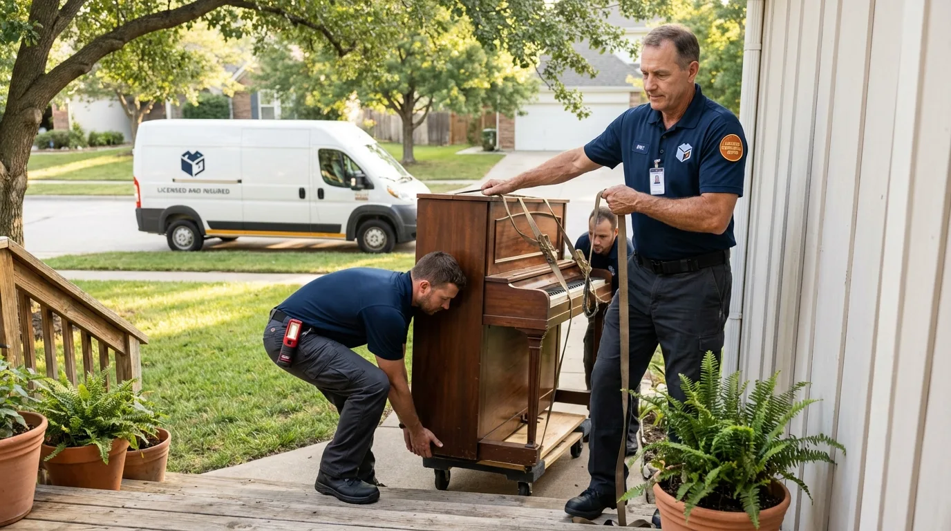 Licensed piano movers securing grand piano in Inola, OK