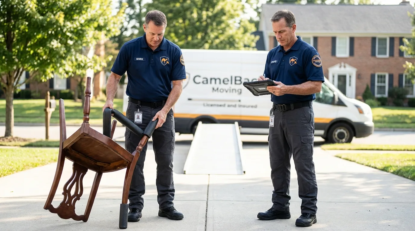 Movers inspecting furniture for damage prevention before loading in Inola, OK