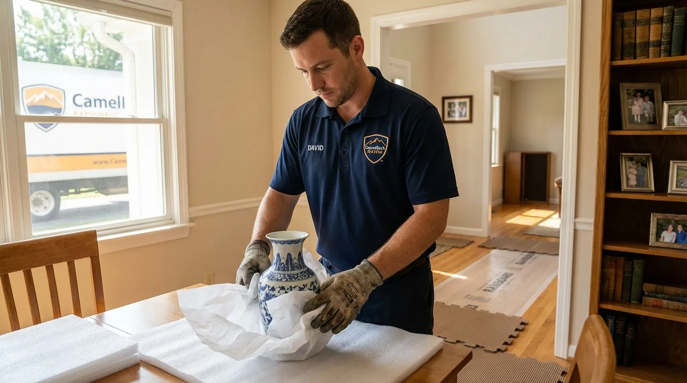 Professional crew carefully wrapping antique vase for senior downsizing move in Inola, OK