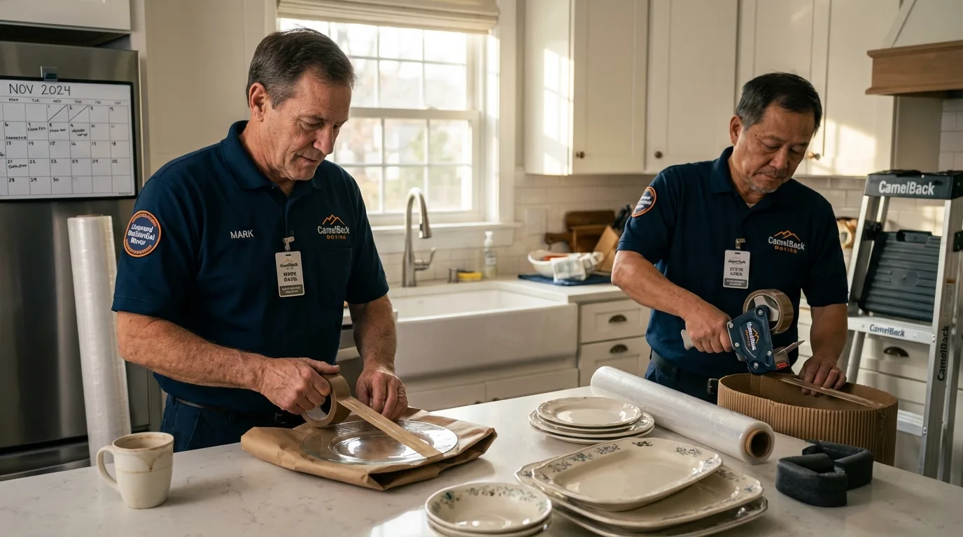 Professional crew packing kitchen dishware in Inola, OK
